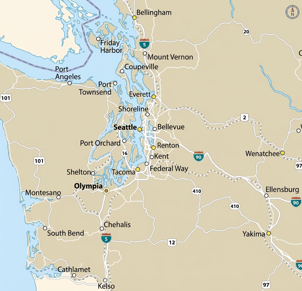 Map of Western Washington showing Valley Custom Homes service area from Bellingham to Olympia